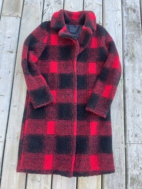 Maison Cinquent 500 Red and Black Long Buffalo Plaid Check Teddy Coat  Medium